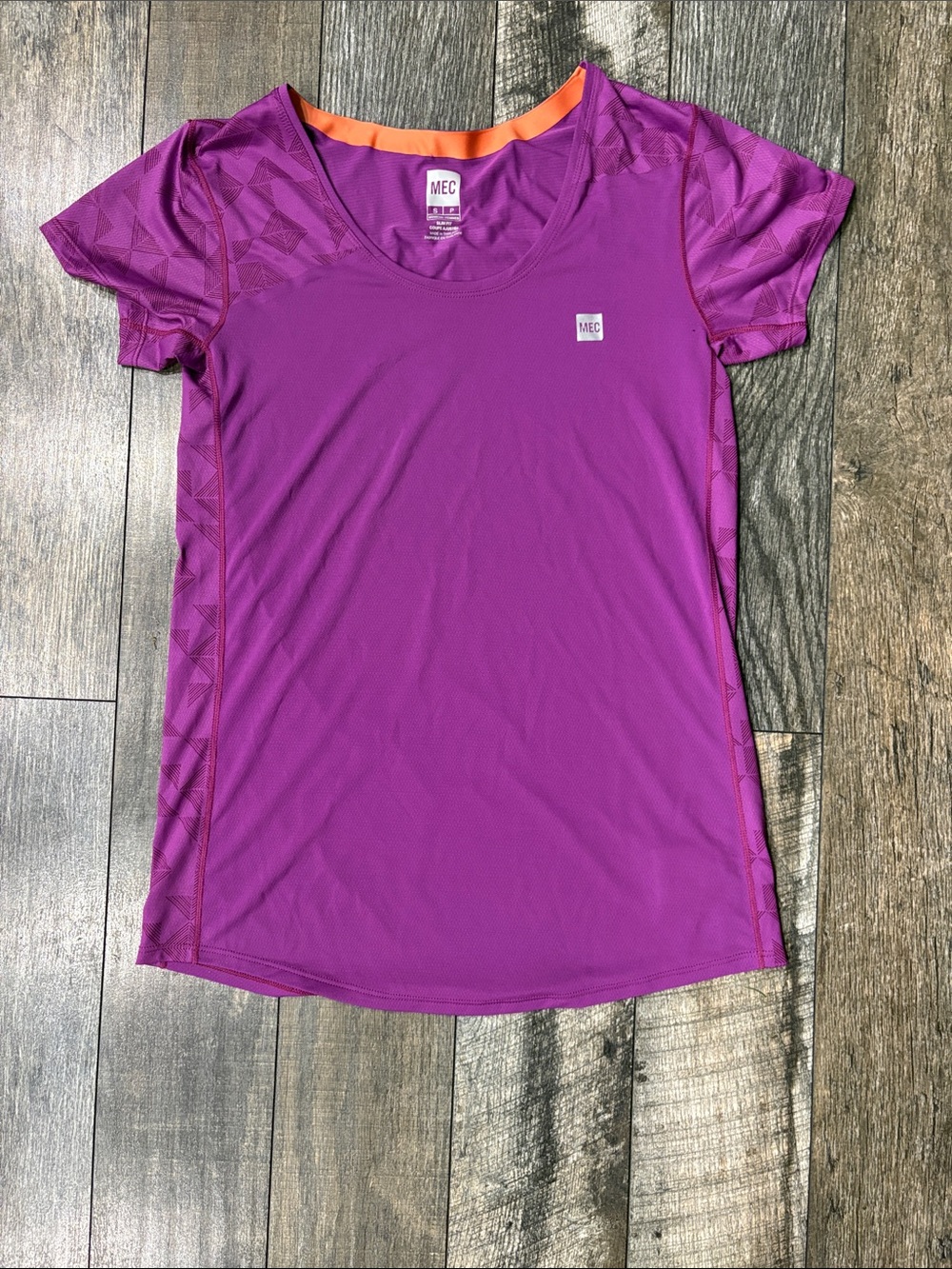 MEC Women's Short Sleeve Tee in Purple with Orange Trim